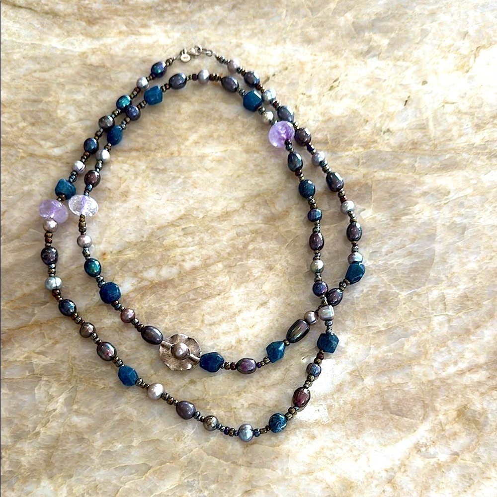TICA ROSA Sophisticated Blue and Silver Pearl Crystal Sterling Beaded Necklace